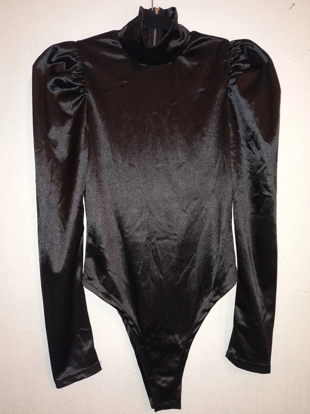 Vintage Black Satin Puff Sleeve Bodysuit High Neck Gothic Disco 80s Glam Size L - Picture 9 of 9